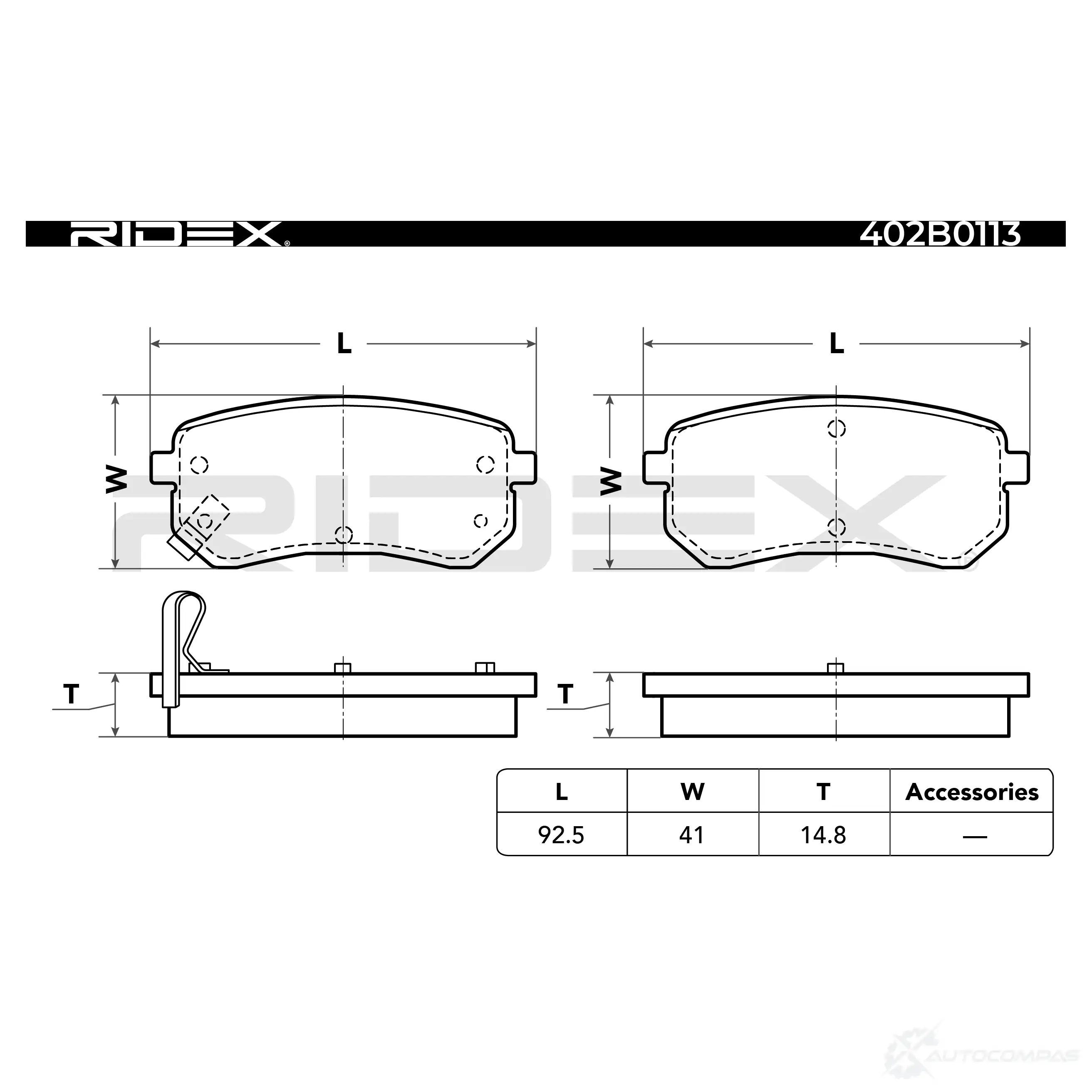 Тормозные колодки, комплект RIDEX 402b0113 1437649229 X1LR F изображение 3
