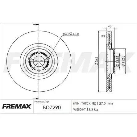 Тормозной диск FREMAX 1228744795 U 0N9U BD-7290 96ODF изображение 0