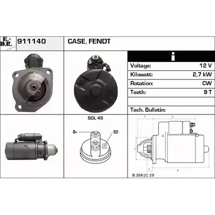 Стартер EDR 911140 DI6HD2S 1231001707 QE 2D9 изображение 0