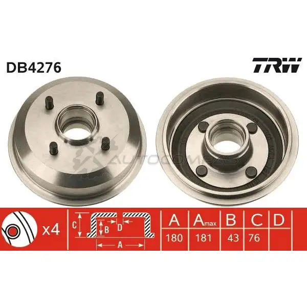 Тормозной барабан TRW 3322937322459 1523050 db4276 Q7 SDS3F изображение 0