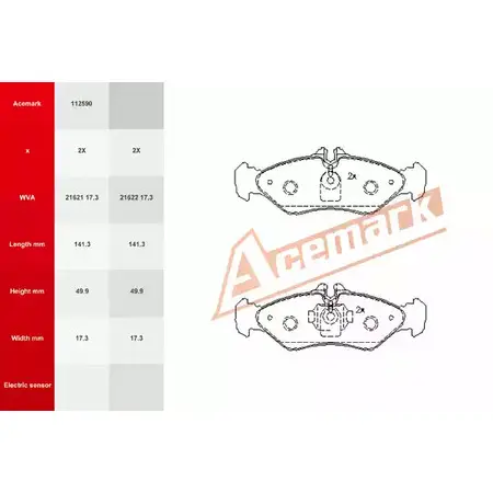 Тормозные колодки, дисковые, комплект ACEMARK MKH766 112590 1265201055 2E0P1 Y5 изображение 0