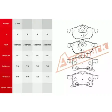 Тормозные колодки, дисковые, комплект ACEMARK A4B4DK 112662 1265201987 637M6 JQ