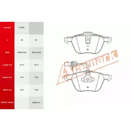 Тормозные колодки, дисковые, комплект ACEMARK AP9KI L 1265202205 112681 M85N5W изображение 0