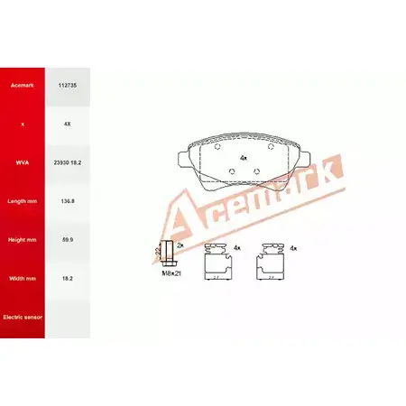 Тормозные колодки, дисковые, комплект ACEMARK 3EM9 3EU 9ARZI9F 112735 1265202945 изображение 0