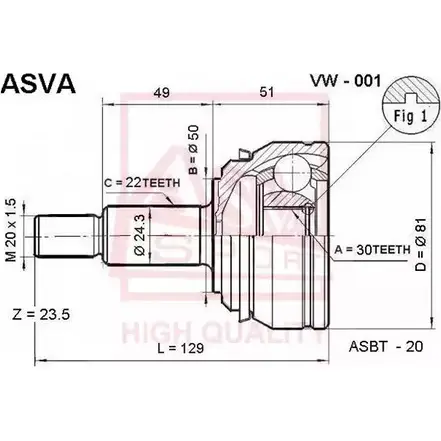 Шрус граната ASVA VW-001 1269728011 OA01 8 изображение 0