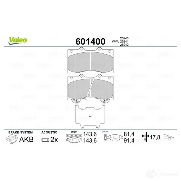 Тормозные колодки дисковые, комплект VALEO 3276426014007 7U0Q AOV 601400 1206092402 изображение 1