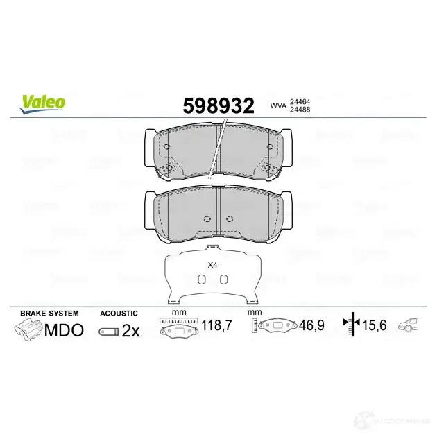 Тормозные колодки дисковые, комплект VALEO 3276425989320 233343 598932 9 H9Z1 изображение 1