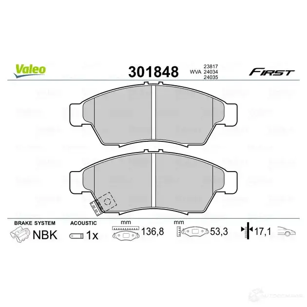 Тормозные колодки дисковые, комплект VALEO 301848 3276423018480 223688 B 4L96 изображение 1