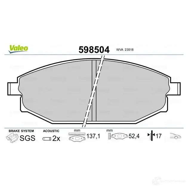 Тормозные колодки дисковые, комплект VALEO 235 18 232976 A8ER3 598504 изображение 1