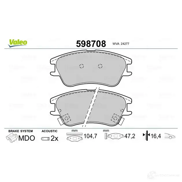 Тормозные колодки дисковые, комплект VALEO 3276425987081 UVDA2 9H 598708 233153 изображение 1