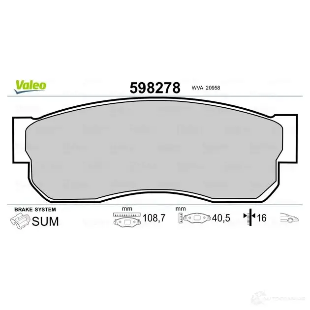 Тормозные колодки дисковые, комплект VALEO RZRV9 2095 8 598278 232786 изображение 1