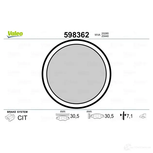 Тормозные колодки дисковые, комплект VALEO 598362 1VKATH 232849 202 85 изображение 1