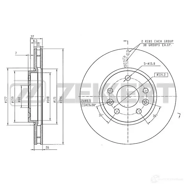 Тормозной диск ZEKKERT S875S 7N BS-6570 1440205029 изображение 0