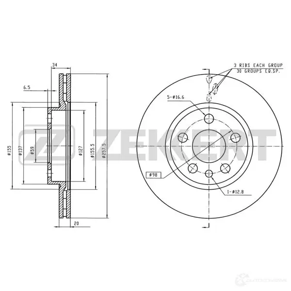 Тормозной диск ZEKKERT BS-5841 1275159707 74LBW3 O