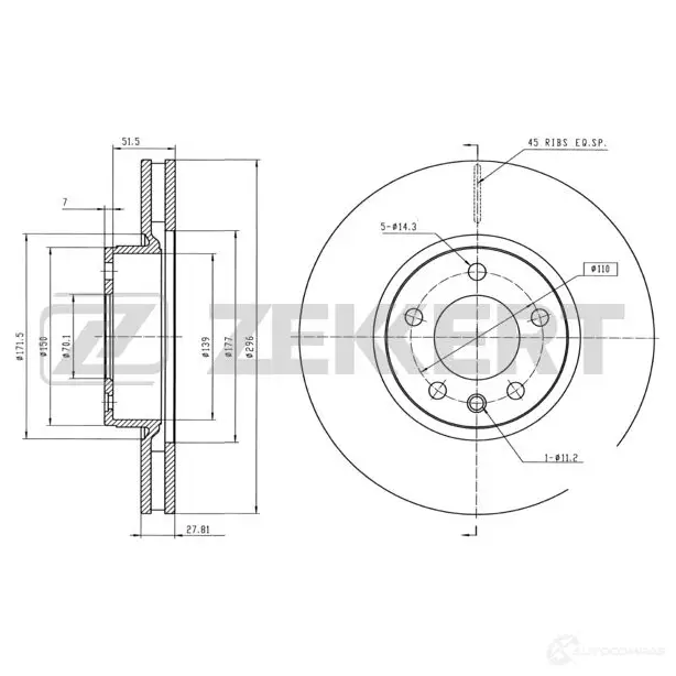 Тормозной диск ZEKKERT 4317034 N X0GF BS-5600 изображение 0