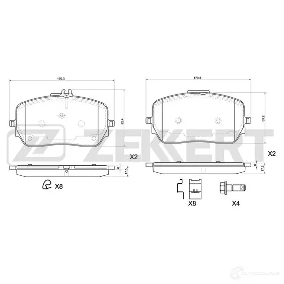 Тормозные колодки дисковые, комплект ZEKKERT BS-1171 1439902209 J 36ZQ
