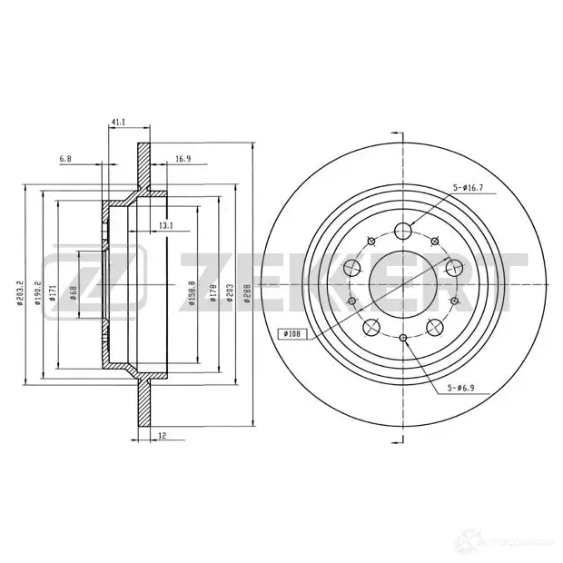 Тормозной диск ZEKKERT BS-5298B 1440208268 3M0 YT