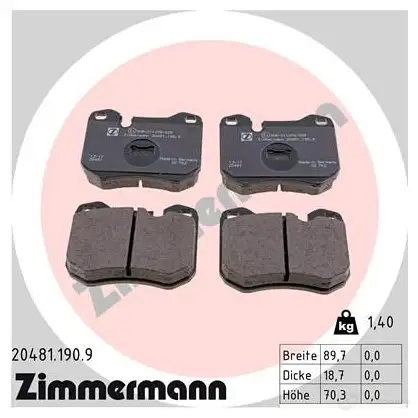 Тормозные колодки, комплект ZIMMERMANN 20 481 904750 W5BZ9 204811909