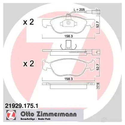 Тормозные колодки, комплект ZIMMERMANN 21929 905040 219291751 2 1927