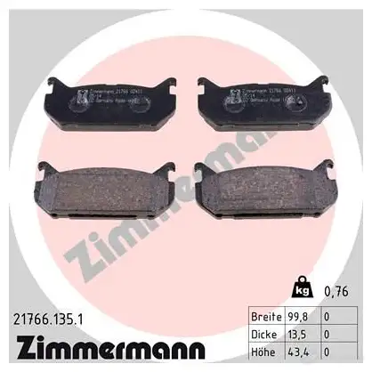 Тормозные колодки, комплект ZIMMERMANN 217 66 MS66BQ 905000 217661351