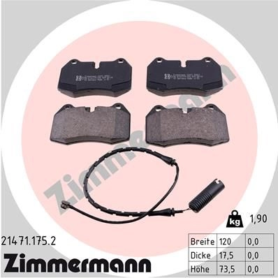 Тормозные колодки дисковые, комплект ZIMMERMANN 904936 2147 1 21471.175.2 A19MA5 изображение 0