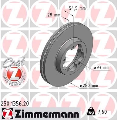Тормозной диск ZIMMERMANN 250.1356.20 905815 L5U FL5O
