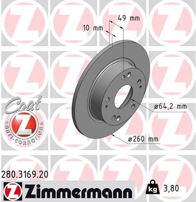 Тормозной диск ZIMMERMANN 906053 YMNI YJ 280.3169.20 изображение 0