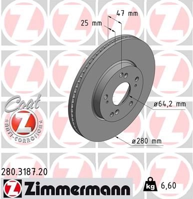Тормозной диск ZIMMERMANN 8WRAG L 280.3187.20 906075 изображение 0
