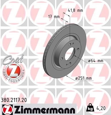 Тормозной диск ZIMMERMANN 380211720 1211191345 D 1TEF изображение 0