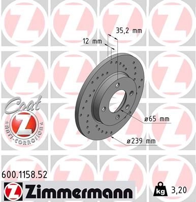 Тормозной диск ZIMMERMANN KMM ZE 600.1158.52 907376