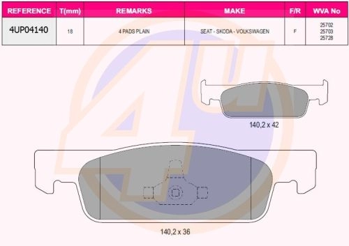 Тормозные колодки дисковые, комплект 4U 1422951406 ZU SXD 4UP04140