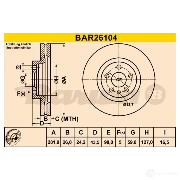 Тормозной диск BARUM bar26104 Z96GA O 4006633329910 2814474 изображение 0