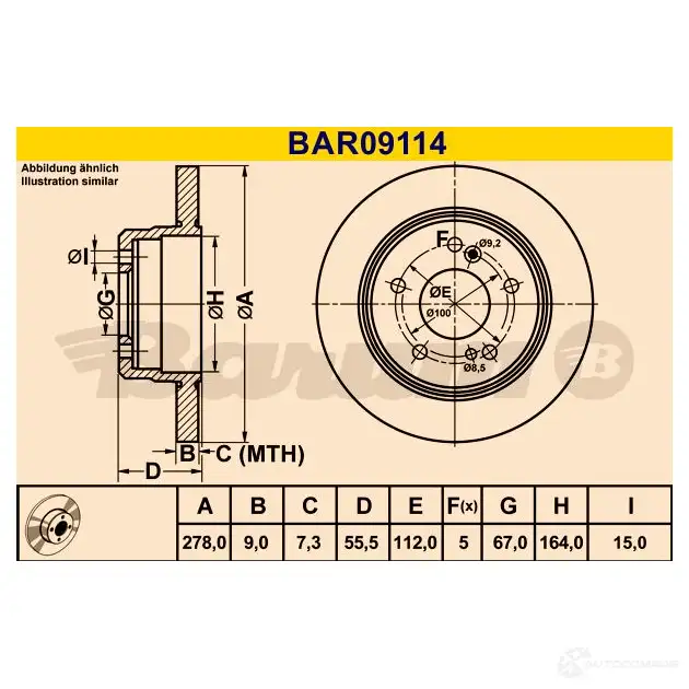 Тормозной диск BARUM bar09114 2814278 4006633322003 P 6C39 изображение 2