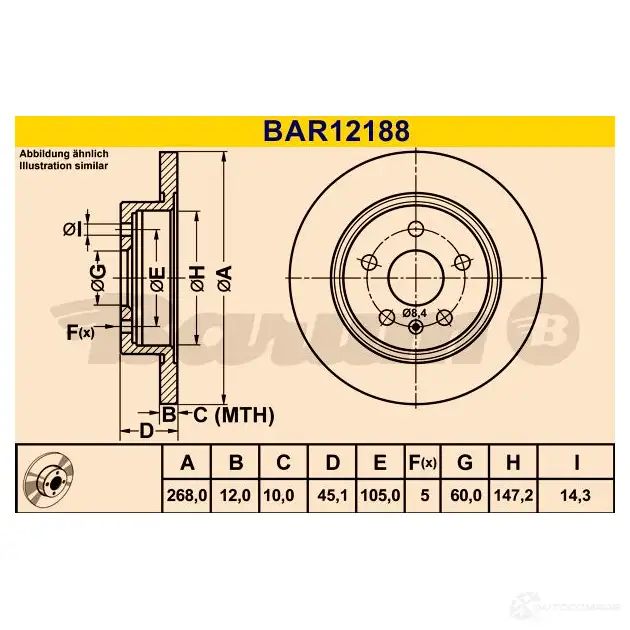Тормозной диск BARUM 1438325614 bar12188 UY8 SU изображение 0