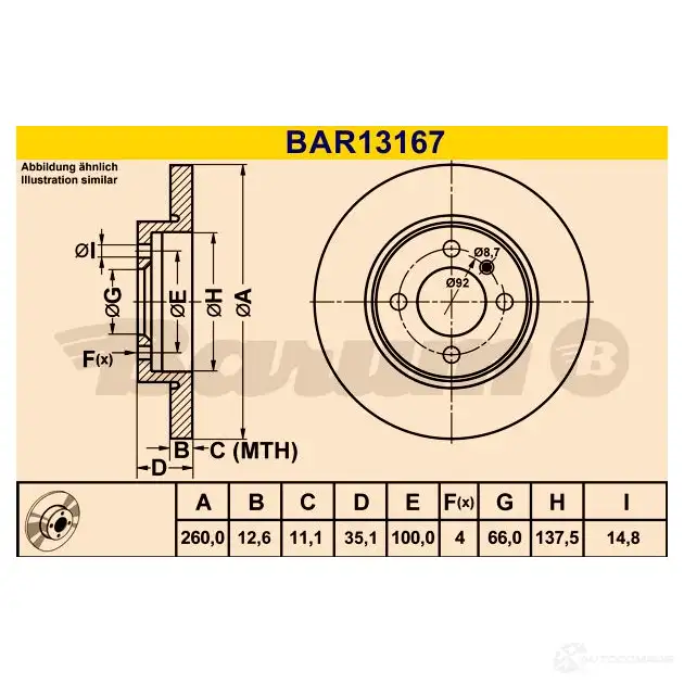 Тормозной диск BARUM ZS CVW96 4006633330565 2814359 bar13167 изображение 0