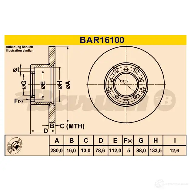 Тормозной диск BARUM 4006633330572 bar16100 G0C A0R 2814366 изображение 0
