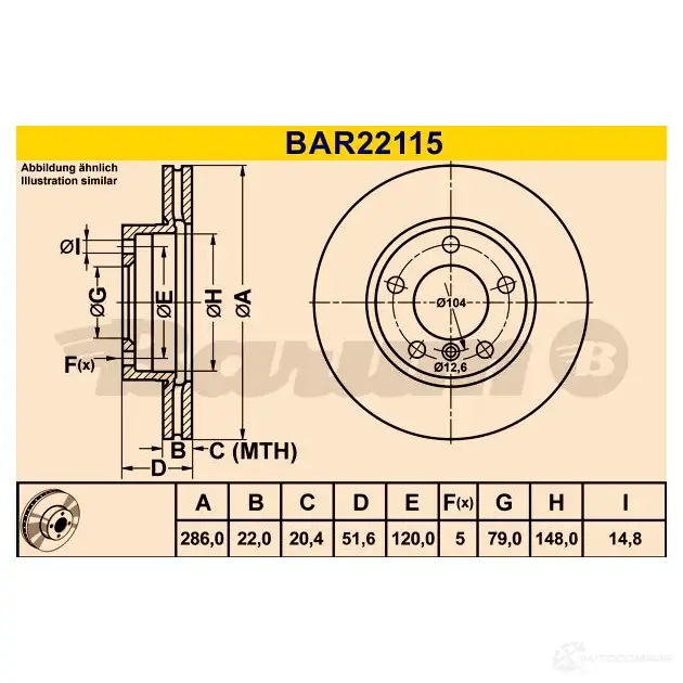 Тормозной диск BARUM 4006633325462 bar22115 2814401 0NT 7C3O