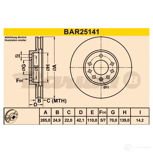 Тормозной диск BARUM bar25141 4006633331319 Y6S A7 2814465 изображение 2