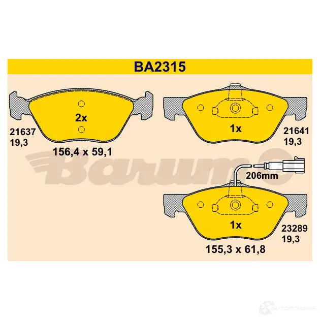 Тормозные колодки, комплект BARUM ba2315 2814166 21641 2 1637