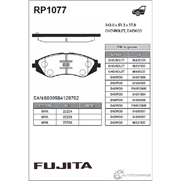 Колодки тормозные дисковые передние Fujita F 9PGGI RWIHGBE 1422785739 RP1077 изображение 0