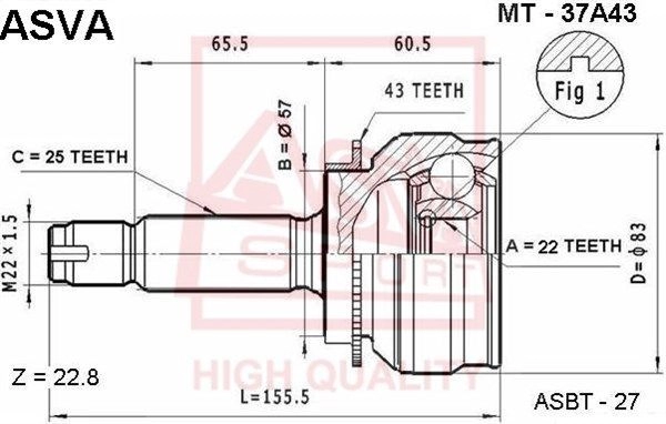 Шрус граната ASVA 1331810029 V TY2PZ MT-37A43 - Изображение 1