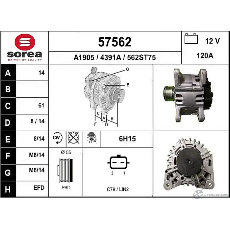 Генератор EAI 57562 562ST75 2803191 4 391A изображение 0