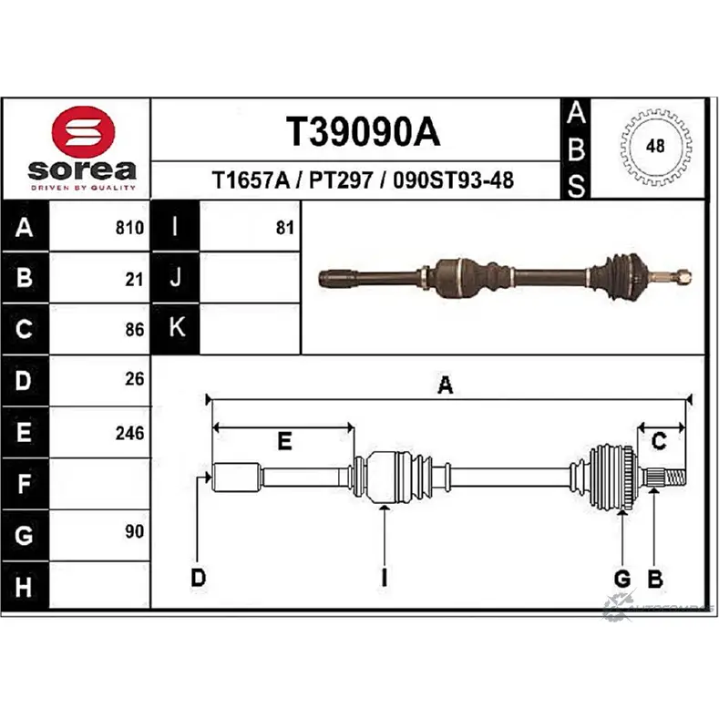 Приводной вал EAI PT297 2805231 T39090A 090ST9 3-48 изображение 0