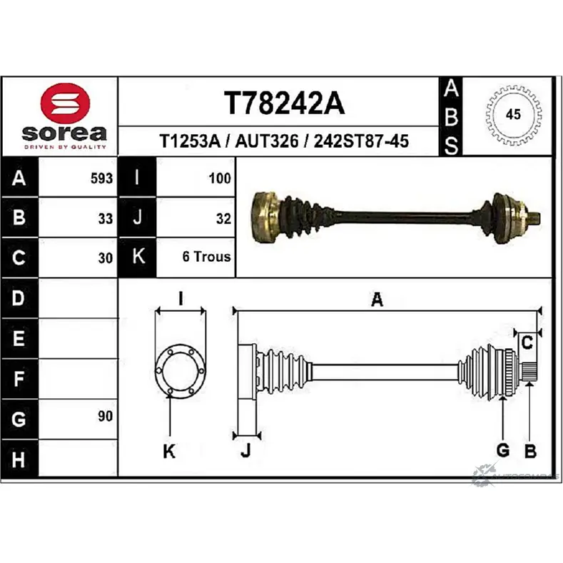 Приводной вал EAI T78242A AUT326 2806936 242ST87- 45 изображение 0