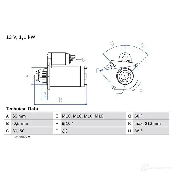 Стартер BOSCH 16 40 331245 0986016400 16D4W изображение 0