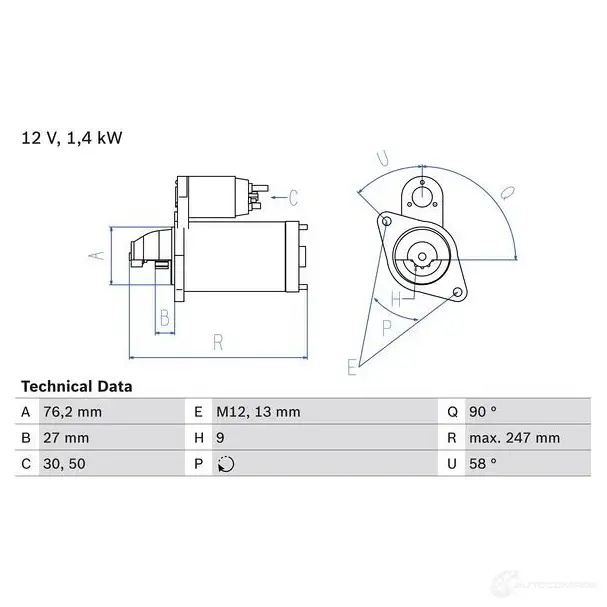 Стартер BOSCH C5F3YL8 0986016780 331271 16 78 изображение 0