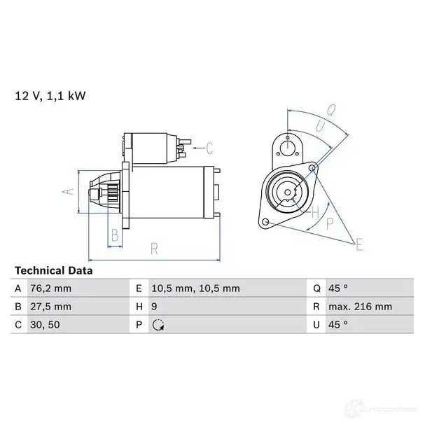 Стартер BOSCH 9W2P55 0986018110 1 811 331380