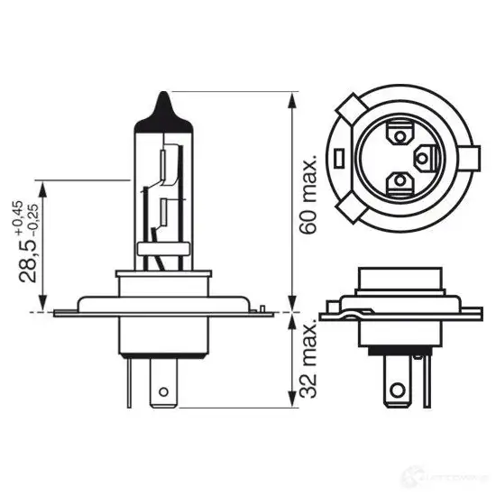 Лампа галогеновая H4 P43T 60/55 Вт 12 В BOSCH 1987301405 YJEAJ6 350103 12V 60/55W H4 PURE LIGHT (BOX OF 2) изображение 3