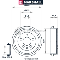 Барабан тормозной Skoda Fabia I-III 99-, Seat Cordoba 02-, Ibiza III, IV 02- MARSHALL M1900905 FWD 3J 1437232041 - Изображение 2