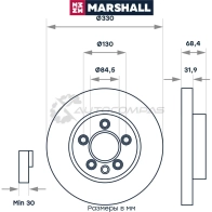 Диск тормозной Porsche Cayenne I (957) 06-, VW Touareg I, II 02- MARSHALL M2000590 8O 9QZ 1437234496 - Изображение 2